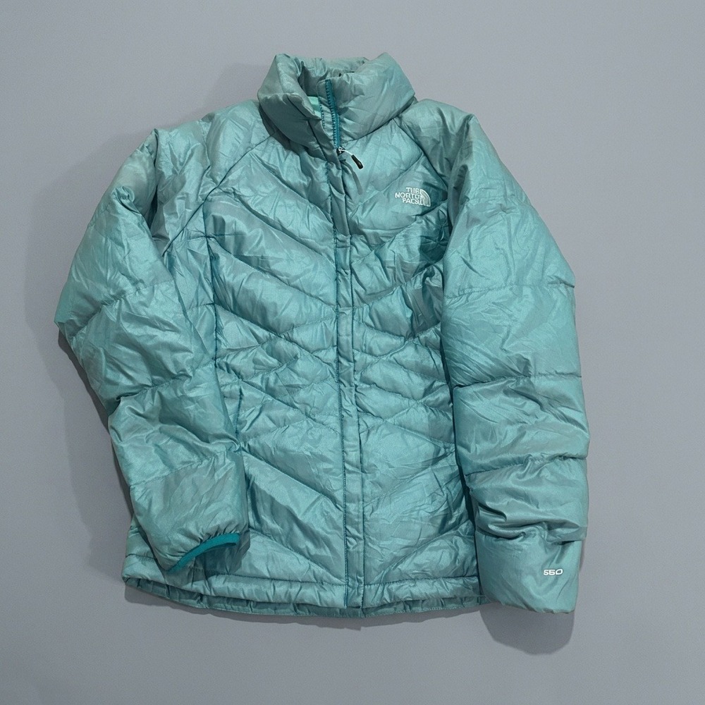 The North Face Women's Puffer Jacket Medium Teal 550 Goose Down Chevron Quilted